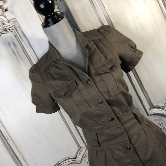 Silence & Noise Khaki Cotton Linen Blend Short Sleeve Button Down Safari Dress - Picture 2 of 13